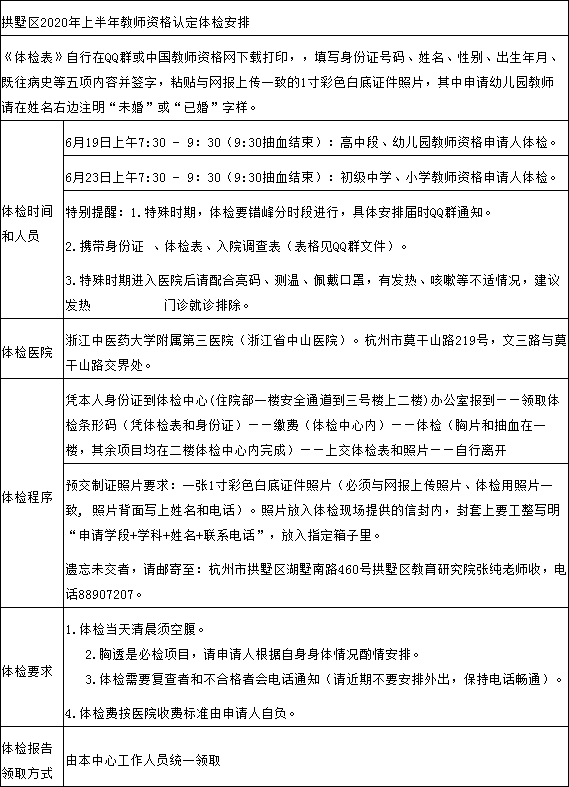 2020年上半年拱墅区教师资格认定工作公告